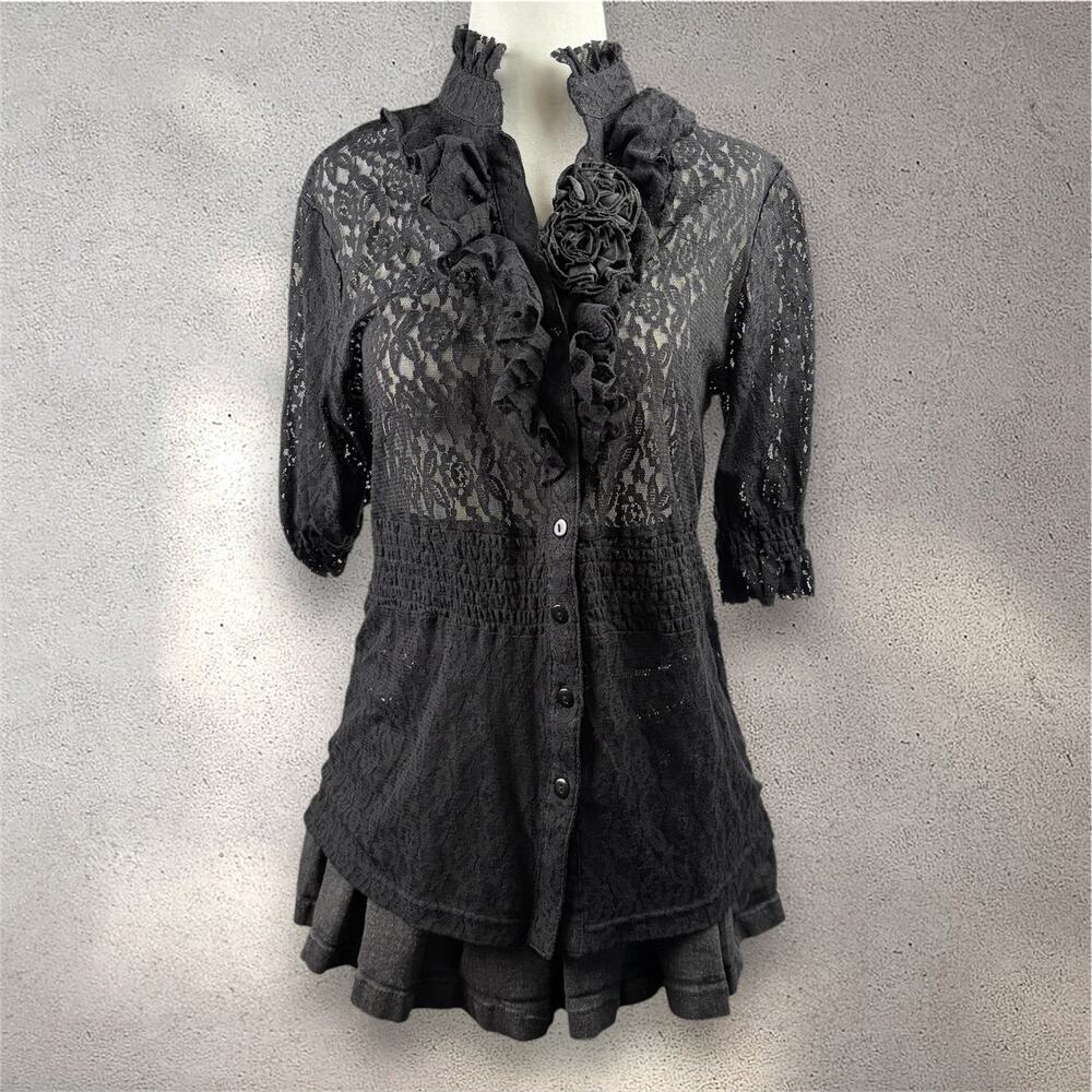 Hopeless Romantic Floral Ruffle Lace Top Women's M Black Sheer Gothic Victorian